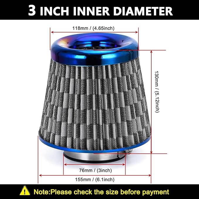 Cold Air Intake Filter, High Performance, Washable Filter, Clamp-On Replacement Air Filter, Flange Diameter 3inch/76mm Carbon Fiber Pattern