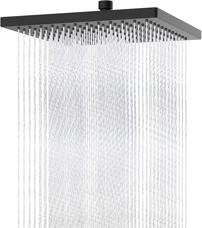 Hibbent Thickness Metal Rain Shower Head, 12 Inch High Pressure Shower Heads, Square Large Bathroom Rainfall Shower Head with Adjustable Brass Ball Joint, Waterfall Full Body Coverage, Matte Black
