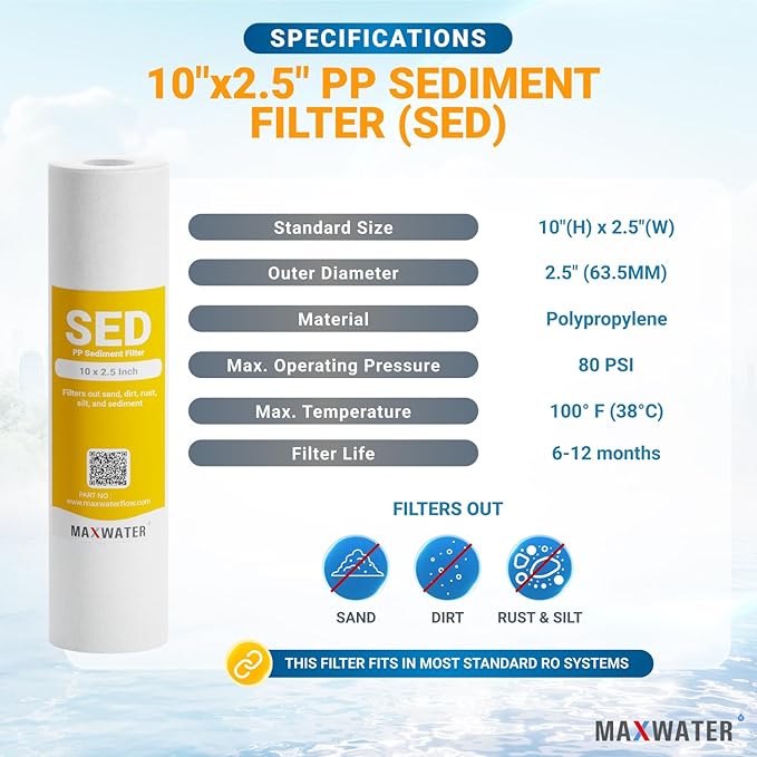 Max Water 5 Micron 10 x 2.5 Sediment Filter Cartridge Replacement for Reverse Osmosis and Whole House Water Filter, Compatible with Well Water Filters - P5, AP110, WHKF-GD05, WFPFC5002 (Pack of 2)