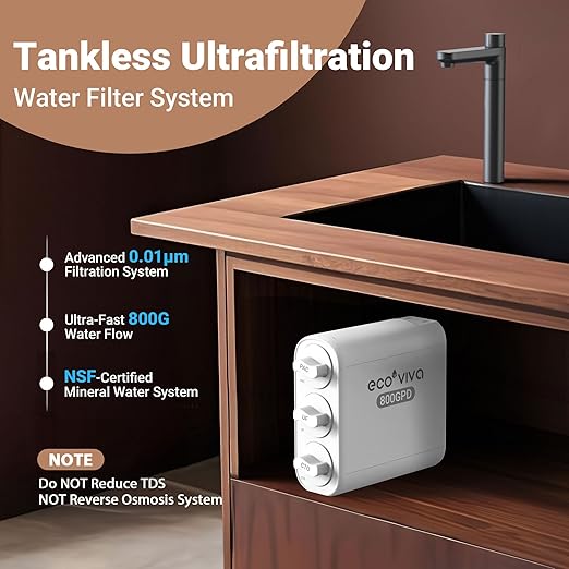 Ecoviva 0.01μm Ultra-Filtration Under Sink Water Filter System, 800G Tankless Water Filtration System, No Electricity & Zero Waste, Filters Heavy Metals, Includes Faucet, No Drilling Required(NOT RO)