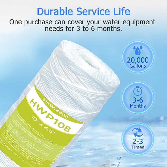 25 Micron Whole House Water Filter Cartridge, String Wound Sediment Filters for Well Water, Replacement for 84637, WPX5BB97P, WP10BB97P, WP25BB97P - 10" x 4.5" Cartridges - Pack of 4
