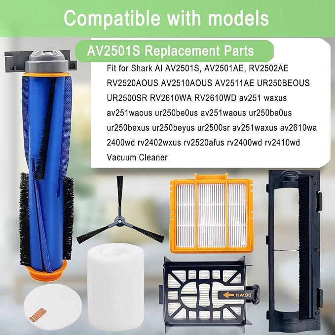 Replacement Parts for Shark AI AV2501S AV2511AE AV2610WA AV2501AE RV2502AE RV2400WD AI Ultra 2- in-1 Robot Vacuum, Main Brush, Filter, Side Brush, Roller Cover, Pre-Motor Foam & Felt Filter