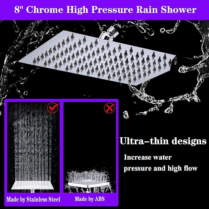 8"High Pressure Square Rain Shower Head and 2-in-1 Hand Shower.Equipped with 78"Hose, 3 Way Diverter Valve,Adhesive Shower Head Holder.(AWAXFOLO Square Shower Head Set chrome)