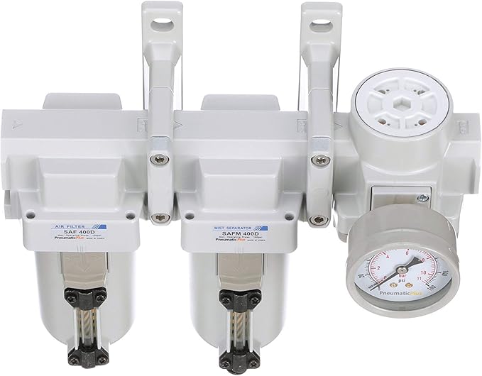 PneumaticPlus SAU430-N04DG-MEP Three Stage Air Drying System Particulate Air Filter, Coalescing Filter, Air Pressure Regulator Combo 1/2" NPT - Metal Bowl, Auto Drain, Bracket, Gauge