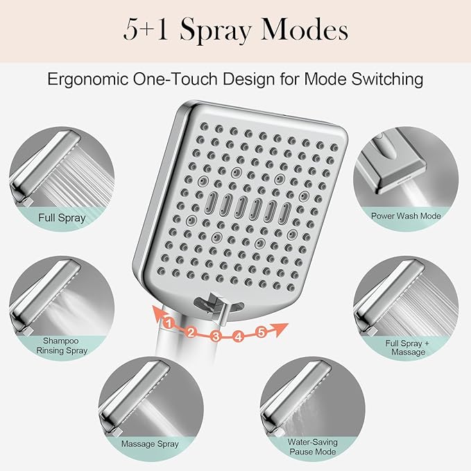 Filtered Shower Head with Handheld - High Pressure 6 Modes, 120 Anti-clog Nozzles, Detachable Showerhead with Hard Water Filters, Extra Long 6ft Hose, Power Wash Mode to Clean Bathroom, Pets