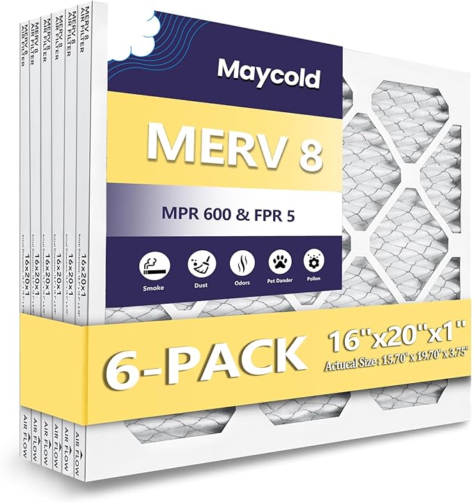 Maycold 16x20x1 MERV 8 Furnace Air Filters (6-Pack), Pleated HVAC AC Filter for Home or Office – Traps Dust, Lint & Pet Hair, Actual Size 15.70 x 19.70 x 0.75，Individually Wrapped in Plastic