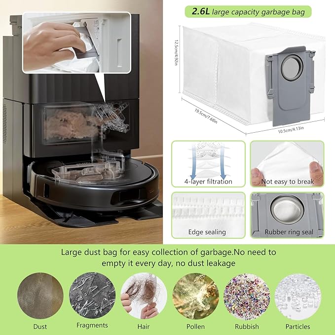 Yivy Accessories Kit Compatible with Roborock Qrevo Pro/MaxV/S/Plus Robotic Vacuum Cleaner, 2 Main Brush Rollers, 6 Black Side Brushes, 4 HEPA Filters, 8 Mop Pads, 6 Dust Bags (Black-29)