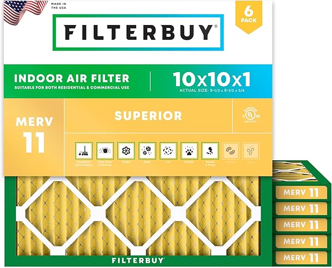 Filterbuy 10x10x1 Air Filter MERV 11 (MPR 1200) Allergen Defense Replacement (6-Pack), Electrostatic Pleated HVAC AC Furnace Filters, Made in USA (Actual Size: 9.50 x 9.50 x 0.75)