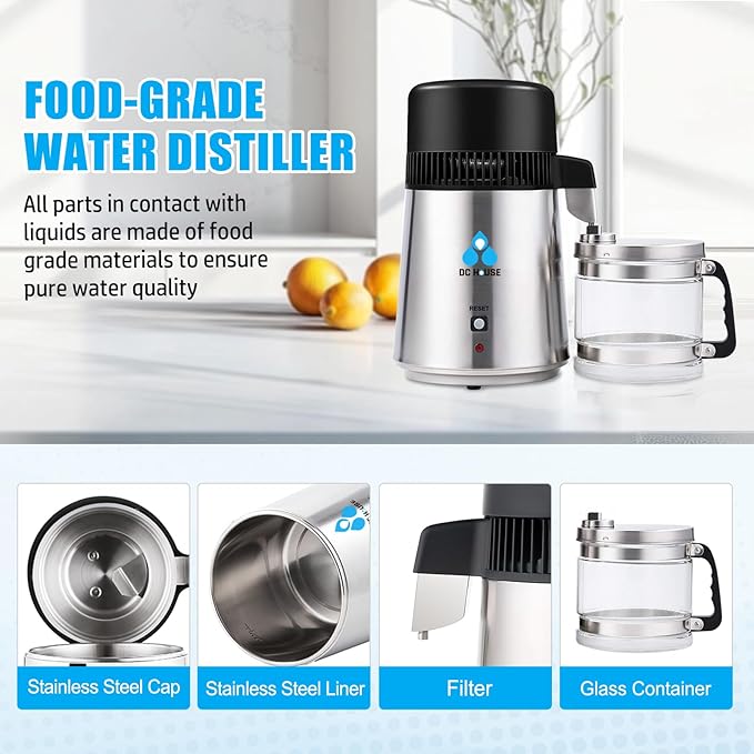 DC House Distilled Water Machine 1 Gallon, Stainless Steel Water Distiller for Home Countertop 110V 750W Purifier for Humidifier Office CPAP with Smart Switch, Glass Pot