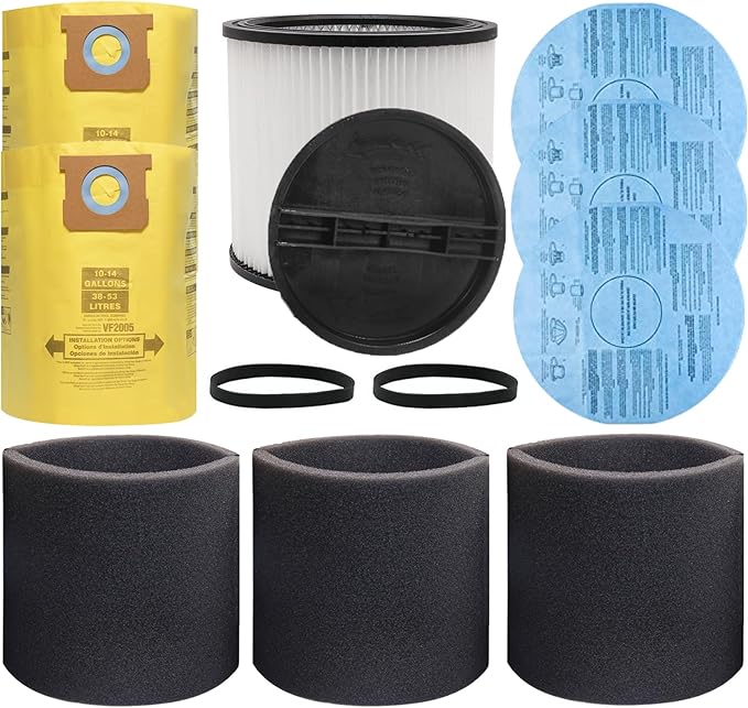 12 PCS Cartridge Filter 90304 Compatible with Shop Vac 90350 90333 5 Gallon and above，with 90585 Foam Filter, 90107 Filter，10-14 Gallon Vacuum Bags,Retaining Bands
