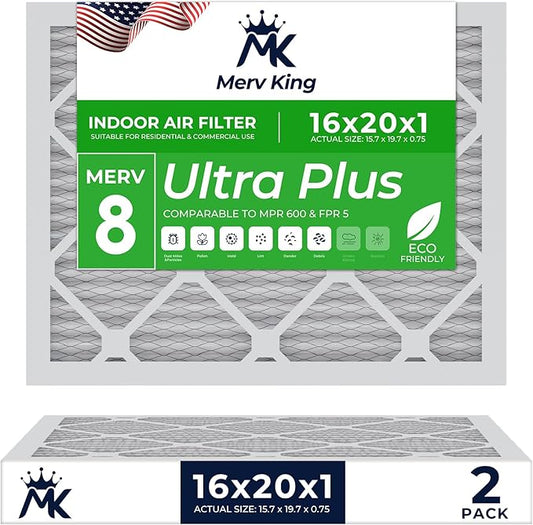 MervKing 16x20x1 Air Filter Actual Size: 15.7" x 19.7" x 0.75" MERV 8 MPR 600-700 | MADE IN USA | 2-Pack | Pleated HVAC AC Furnace Replacement
