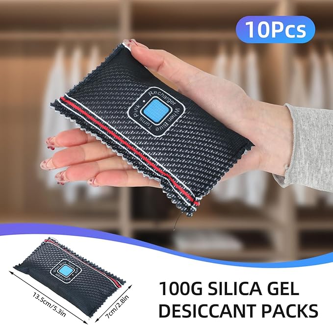 10 Pcs Rechargeable Desiccant Packs for Storage Silica Gel Packets Dry Moisture Absorbers Bags Reusable Desiccant Car Dehumidifiers Bags for Gun Safe Closet Basement Car Tool Box (100g)