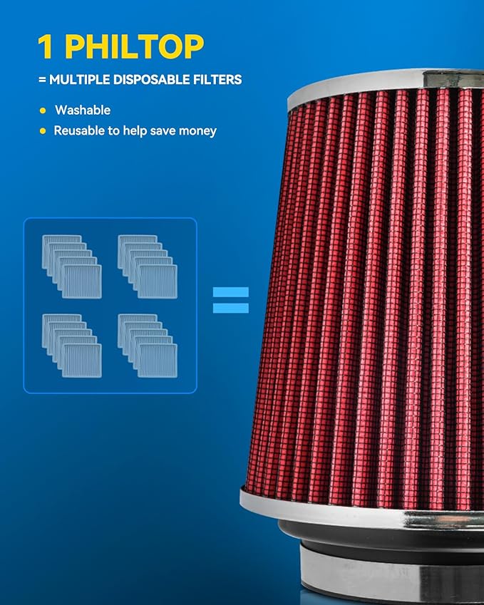 PHILTOP Universal Clamp-On Air Intake Filter, Replacement Air Filter High Flow Air Filter 4-Inch Round Tapered Air Intake Filter - Washable, High Performance, 3" or 3.5" or 4" adjustable fitting