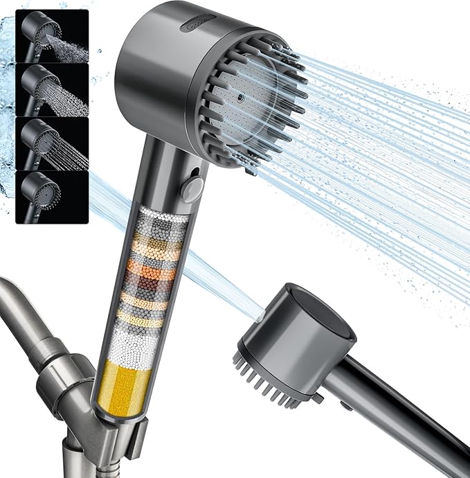 Cobbe Filtered Shower Head with Handheld, High Pressure 5-mode Showerhead with Filters, Built-in Power Wash for Hard Water - Remove Chlorine - Reduces Dry Itchy Skin, Gray