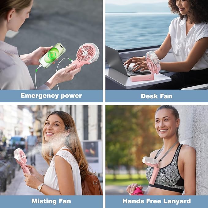 HandFan 4000mAh Handheld Misting Fan, 50ml Water Tank, Rechargeable Personal Mister Fan Portable AC, Spray Water Mist Fans, Foldable Cooling Ice Fans for Beach Travel Outdoors(Pink)