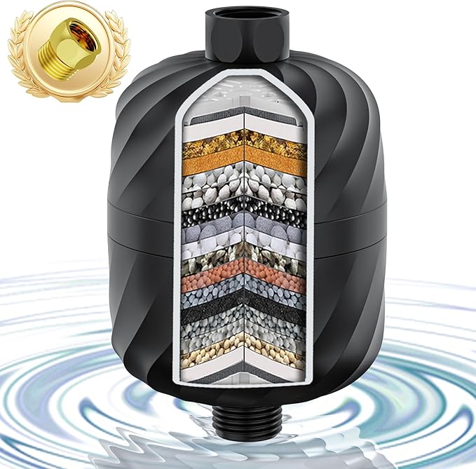High-Output Shower Filter - 99% Removal of Chlorine, Rust, Impurities - Softens Hard Water, Enhances Skin, Makes Hair Soft & Smooth - No Pressure Loss, Leak-Proof Brass Nut Design, Easy Install-Black