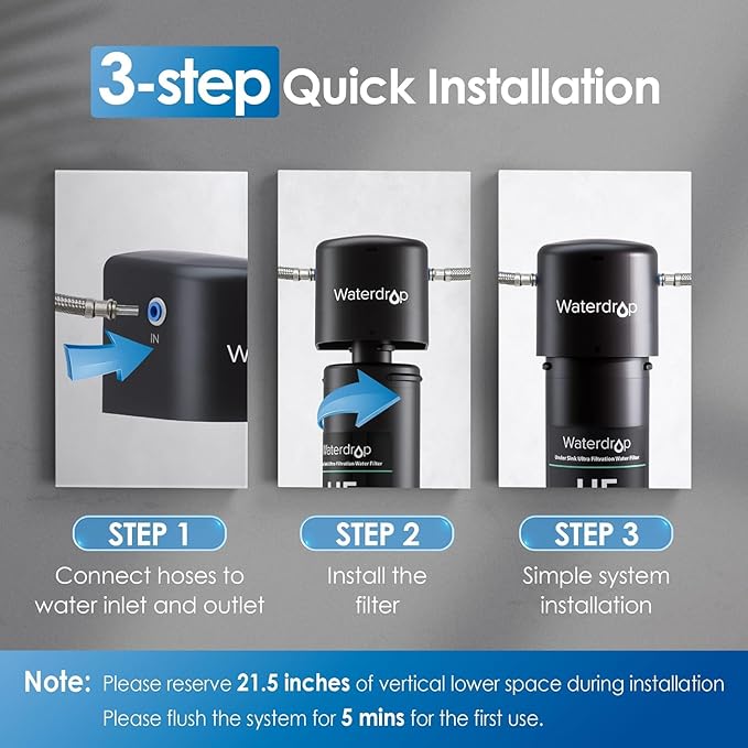 Waterdrop 17UA-UF Under Sink Water Filter, 3 Years or 24K Gallons, NSF/ANSI 42 Standard, 0.01 Micron Ultra Filtration for Baçtёria Reduction, Reduces Lead, Chlorine