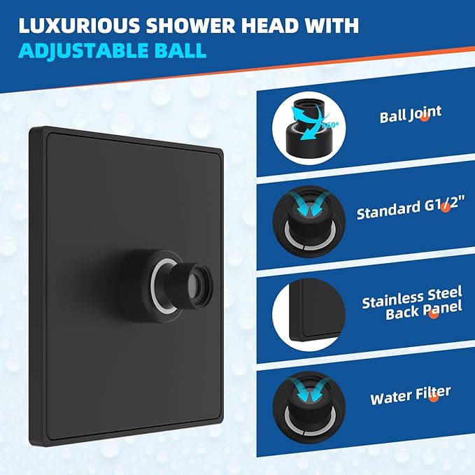 Hibbent Thickness Metal Rain Shower Head, 6'' High Pressure Rainfall Shower Head, Square Bathroom Waterfall Shower Heads, High Flow Fixed Showerheads with Adjustable Brass Ball Joint, Matte Black