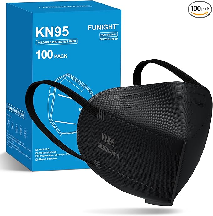 Funight KN95 Face Mask 5-Ply Breathable Filter Efficiency≥95% Protective Cup Dust Disposable Masks Against PM2.5 Black 100 Pack