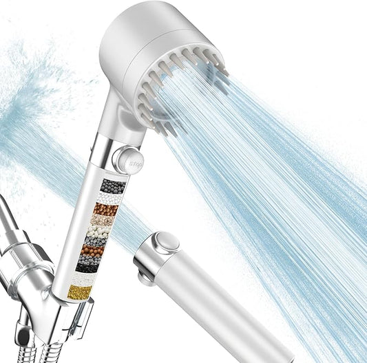 Filtered Shower Head with Handheld, High Pressure 3 Spray Mode Showerhead with 18 Stage Water Softener Filters for Hard Water - Handheld Shower Head-Remove Chlorine-White