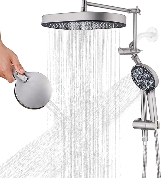 14" x 8" Rectangle High Pressure Rainfall Shower Head with Handheld Combo, 6 Setting Handheld Shower Head, Adjustable Height Shower Extension Arm and Slide Bar for Easy Reach - Brushed Nickel