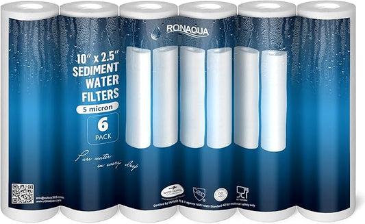 Ronaqua 5 Micron Sediment Water Filter Cartridge 10"x2.5", NSF Certified, 4-Layer Filtration for any 10-inch RO Units & Whole House Systems, Compatible with Culligan P5, AP110, WHKF-GD05, 6 Pack
