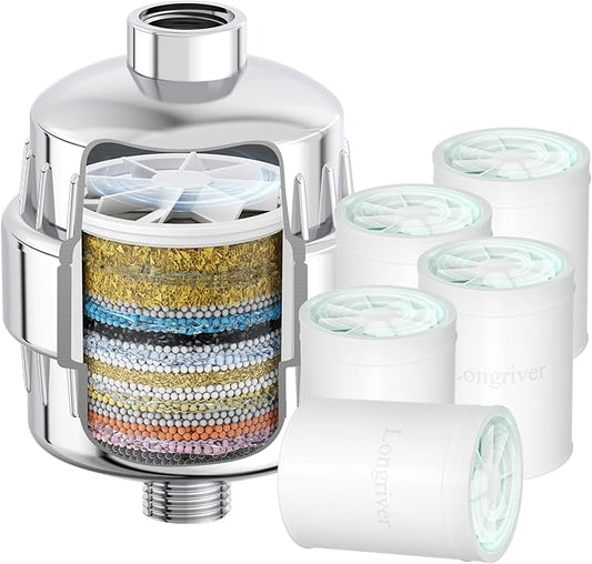 R7 Shower Filter with 5 Replacement Cartridge High Put Shower Water Filter for Hard Water 99.99% Remove Chlorine, Heavy Metals, Shower Water Softener, Improve your skin and hair, Chrome
