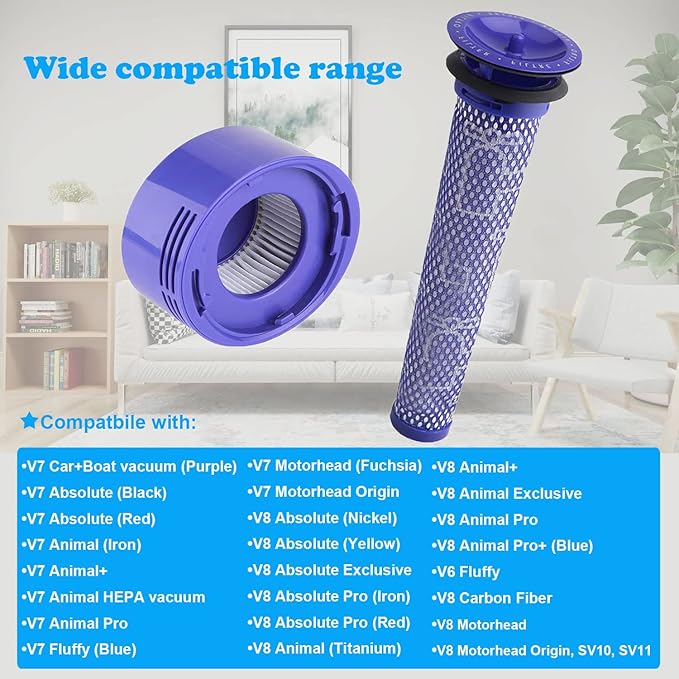 6 Pack Vacuum Filter Replacement for DYS V8 filter, DYS V7 Filter Replacement for V8 Animal V8 Absolute Vacuum Cleaner, 3 Pre Filters & 3 Post Filters, Replaces Part # 965661-01 & 967478-01