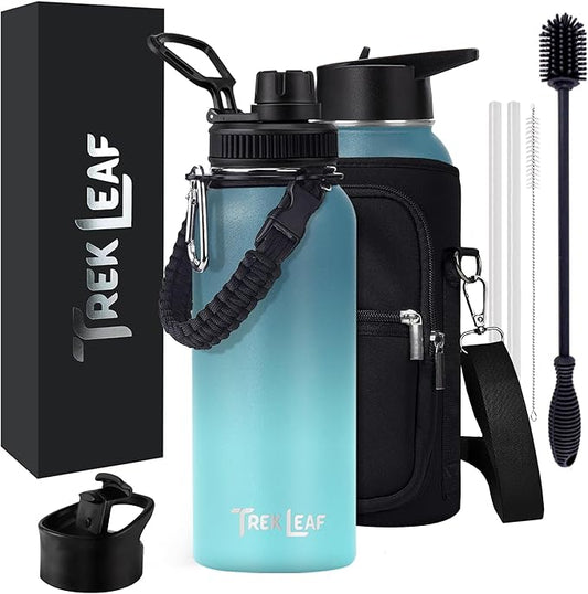 Travel Water Bottle with Carrying Bag, 3 Lids (Spout, Straw, Flip), and Bottle Brush; Leak Proof, Quality, Vacuum Insulated, Stainless Steel (Storm Cloud, 32 oz)