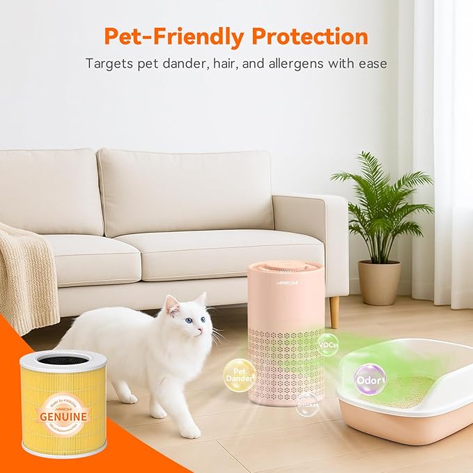 AIRROMI Air Purifier for Bedroom with HEPA 3-in-1 Filter, Pet Air Purifier for Home Cat Pee Smell, Covers Upto 990 Ft², Quiet 360°intake Air Cleaner for pet hair,allergies,Dust,Smoke A2001 Orange
