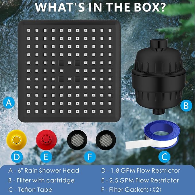 Voolan Filtered Shower Head - 20 Stage Luxury Rain Shower Filter For Hard Water for Remove Chlorine and Harmful Substances - 6" Square High Pressure Rainfall Showerhead (Matte Black)