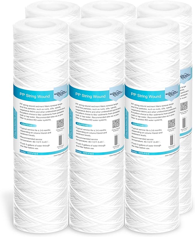 Membrane Solutions 50 Micron 10"x2.5" String Wound Whole House Water Filter Replacement Cartridge Universal Sediment Filters for Well Water - 6 Pack