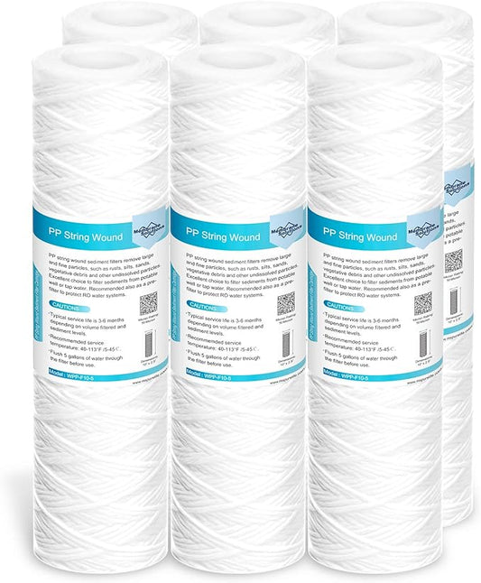Membrane Solutions 50 Micron 10"x2.5" String Wound Whole House Water Filter Replacement Cartridge Universal Sediment Filters for Well Water - 6 Pack