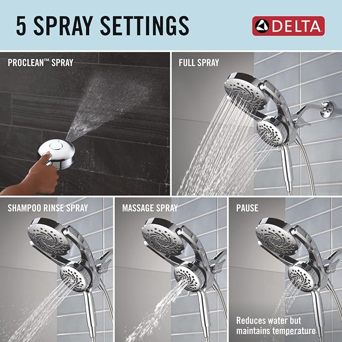 Delta 5-Setting HydroRain 2-in-1 Dual Shower Head with ProClean Spray, Chrome High Pressure Shower Head with Handheld Spray, 1.75 GPM Flow Rate, Chrome 75419