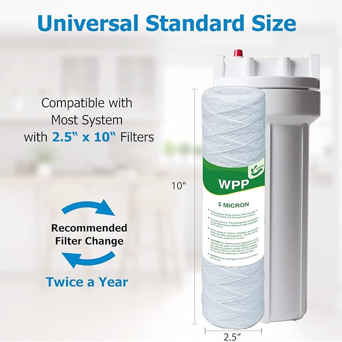 5 Micron String Wound Whole House Water Filter 10" x 2.5", 10-inch Universal Sediment Pre-Filters for Well Water, Replacement Cartridge for FXWSC, CW-F, CW-MF, 1SS, W5W, AO-WH-PRE-R2, 6-Pack