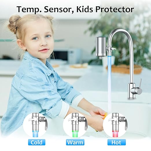 WINGSOL Stainless Steel Water Filter for Sink Faucet, Temp. Sensor LED Light, NSF/ANSI 42&53, 360° Rotating Tap Purifier Reduce PFAS, Lead, Chlorine & Microplastics, 350 Gallons Long-Lasting