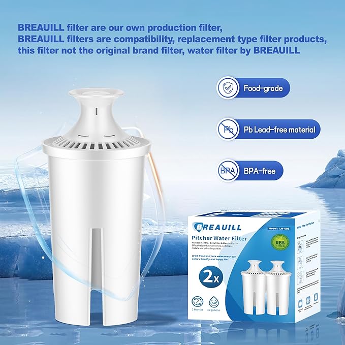Filter Replacement Compatible with Brita® Water Filter & Pitchers, NSF Certified Water Filter Replacement Compatible with Brita® Classic, OB03, Mavea® 107007 35557, 2 PCS Water Pitcher Filter