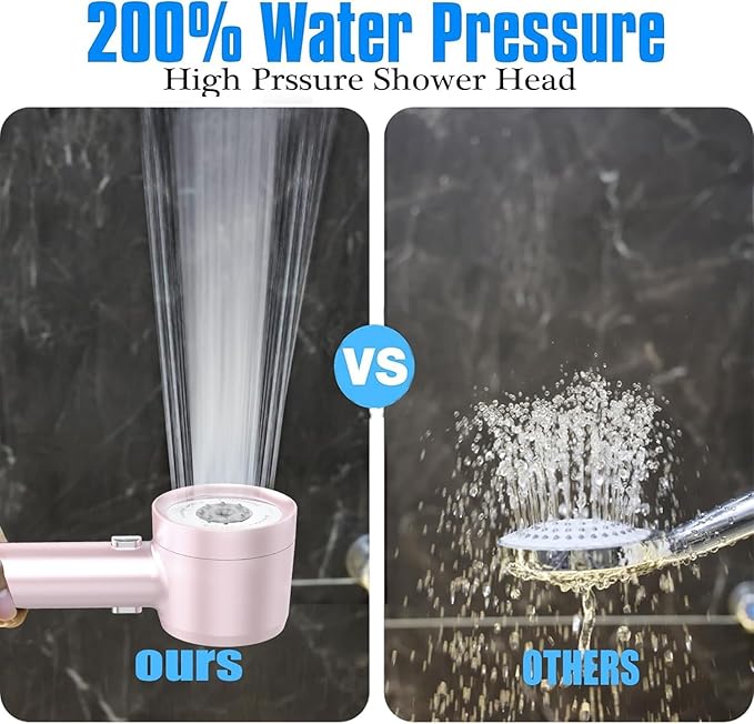 High Pressure Shower Head with Handheld, with Pause Switch 4 Spray Modes Water Saving Showerhead,Showerhead Set with Hose, Bracket and Cotton Filter, (pink)