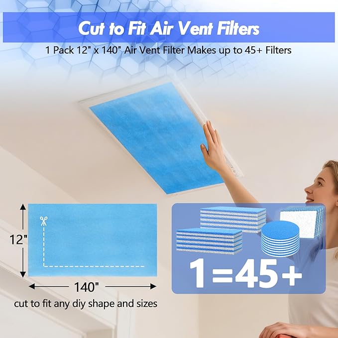 Air Vent Filter Kit - 12" x 140" Cut to Fit Air Filter Materials MERV 8 Electrostatic Media Roll for Home Floor, Ceiling, AC, HVAC, RVC Furnace Vents, With 48PCs Adhesive Hook Tape