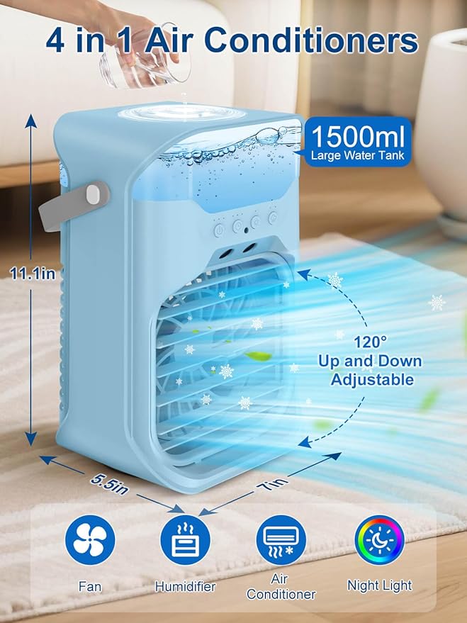 Portable Air Conditioner, 1500ML, Removable & Washable Fan Blades, Timer Function, 4 Speeds, 2 Cool Mists, 7-Color Light, Personal Evaporative Air Cooler for Home, Office, Bedroom, and Camping-Blue