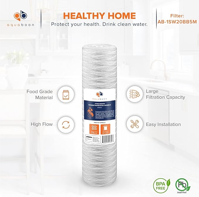 Aquaboon 5 Micron 20 x 4.5 Whole House String Wound Water Filter Replacement Cartridge for Well Water Filtration Compatible with WP5BB20P, 2-Pack