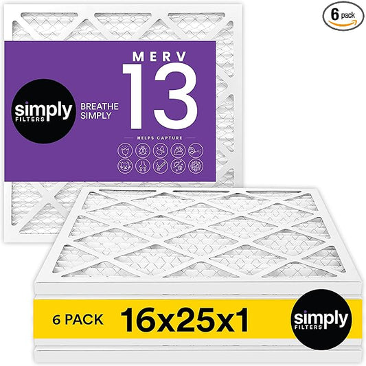 Simply 16x25x1 Air Filter, Merv 13, MPR 1500, 6 Pack, For Home AC Furnace & HVAC (Actual Size: 15.75"x24.75"x0.75") DUST, Pet, & Allergy Control