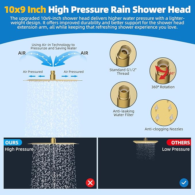 Hibbent All Metal Shower Head, 10'' High Pressure Rainfall Shower Head, Showerhead Combo, Handheld Shower Wand, 12'' Adjustable Curved Shower Extension Arm, 71'' Hose, Shower Holder, Brushed Gold