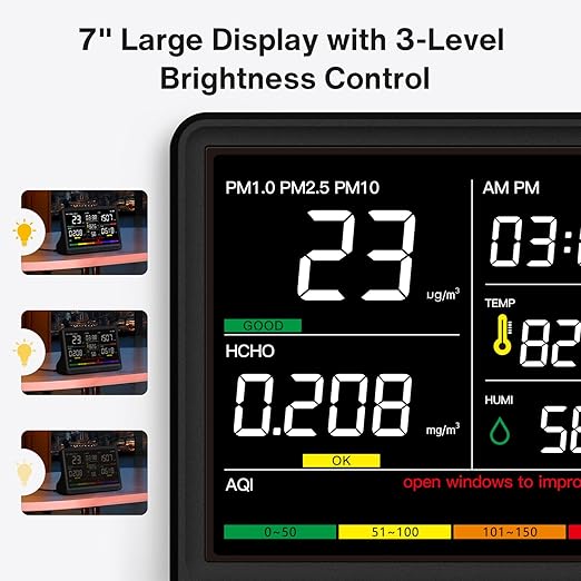 16 in 1 Air Quality Monitor Indoor 7" Display 9 AQI+7 AQI Alerts Air Quality Meter for CO2, TVOC, PM2.5, PM1.0, PM10, HCHO, Temperature, Humidity, AQI & Time, Air Detector Air Quality Tester for Home