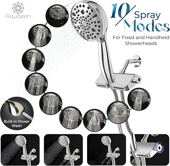 AQUAZEN® Filtered Shower Head with 8-Layer Handheld Filter | High Pressure | 10 Spray Modes | US Standard | Premium Chrome Finish | 5ft Hose | Easy Install