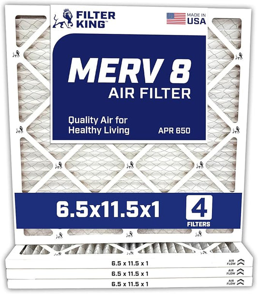Filter King 6.5x11.5x1 Air Filter | 4-PACK | MERV 8 HVAC Pleated A/C Furnace Filters | MADE IN USA | Actual Size: 6.5 x 11.5 x .75"