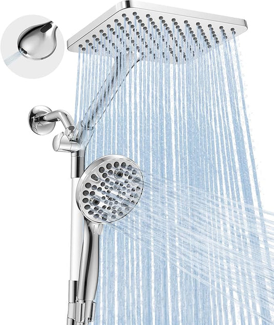 Dual Handheld Shower Head Combo, 2-in-1 Rain Shower Heads System Wide Rainfall Shower Head and 10 Modes High Pressure Hand Held Showerhead with Built-in Power Wash - Chrome