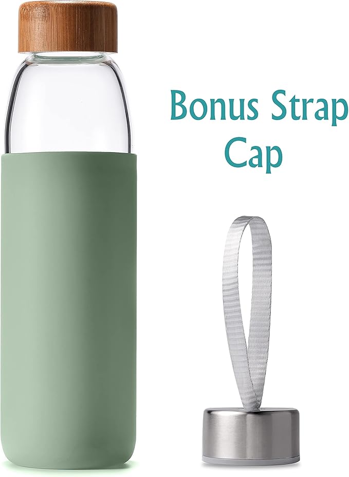 veegoal 18 Oz Borosilicate Glass Water Bottles with Bamboo Lid, BPA-FREE, Non-Slip Silicone Sleeve, and Stainless Steel Leak Proof Lid - Reusable Glass Bottle for Men and Women