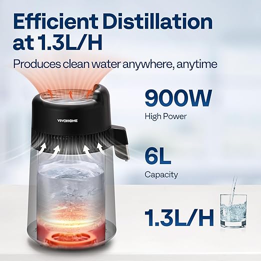 VIVOHOME Water Distiller Countertop 1.6 Gallon/6L 900W Distilled Water Machine with Smart Switch Purifier Filter for Home Office, Black