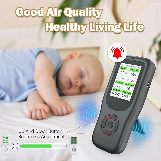 11-in-1 Air Quality Monitor - Portable Indoor Air Quality Detector with Stand, Real-Time Test for AQI, CO2, PM2.5, PM1.0, PM10, TVOC, HCHO, Particles, Temperature & Humidity with Aler (Black-White)